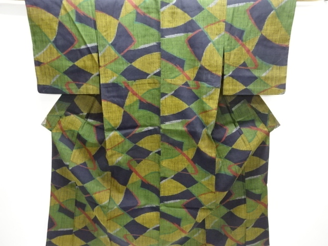 大正ロマン　抽象模様織出し手織り真綿小千谷紬単衣着物